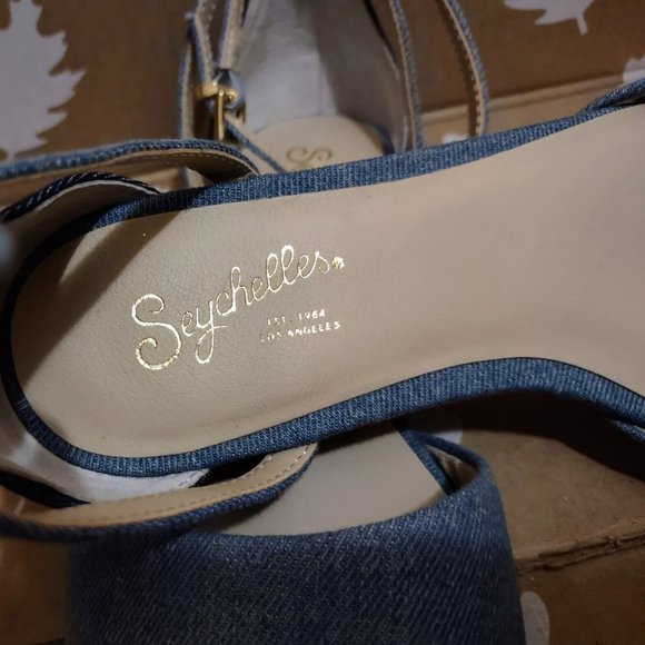 Seychelles Plateau Denim Ankle Strap Flats Sz 6 Anthropologie ~ Like New! - Picture 11 of 12